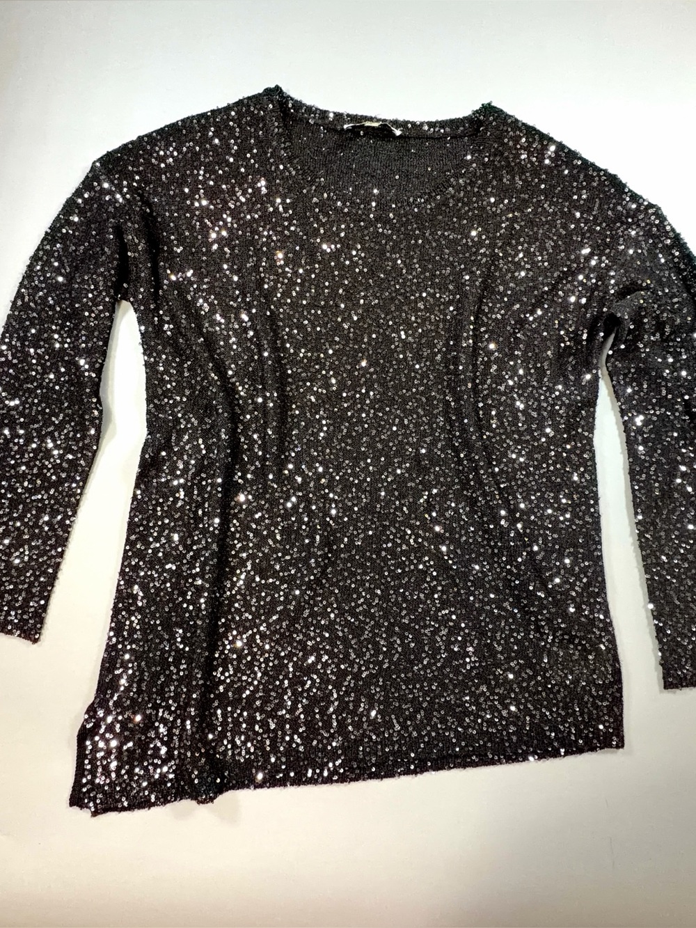 DKNYC Black Sequin Sweater Tunic Top Long Sleeve Asymmetric Hem Holiday Sparkle
